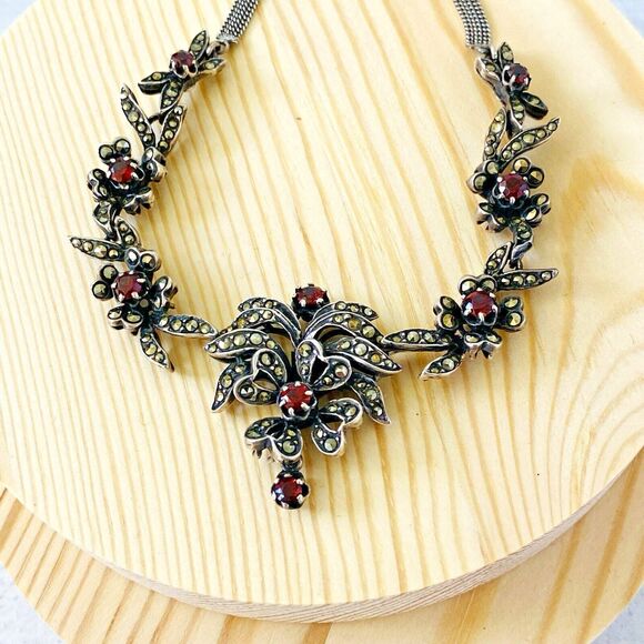 Gorgeous Sterling Silver Marcasite Garnet Necklace 20 In Long January Birthstone - Picture 5 of 16